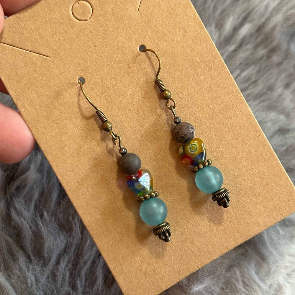 Handcrafted art glass vintage bead agate faceted hematite dangle earrings